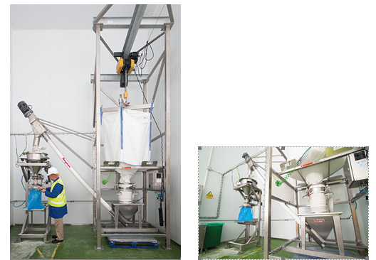 A flexible screw conveyor moves granular sugar from the bulk bag discharger to a gain-in-weight hopper.